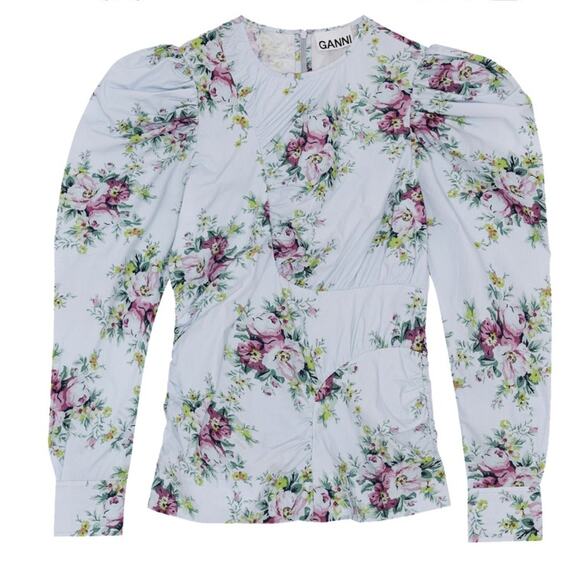 Ganni Blue Floral Poplin Shirred Blouse Size 36 - Picture 1 of 8